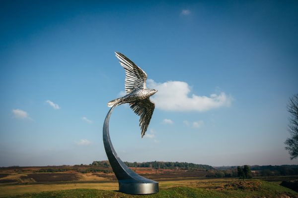 Stainless steel peregrine falcon sculpture for garden decor.