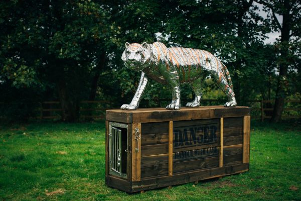 Stainless Steel Tiger garden sculpture which incorporates copper into the peice to give a beautiful finish.