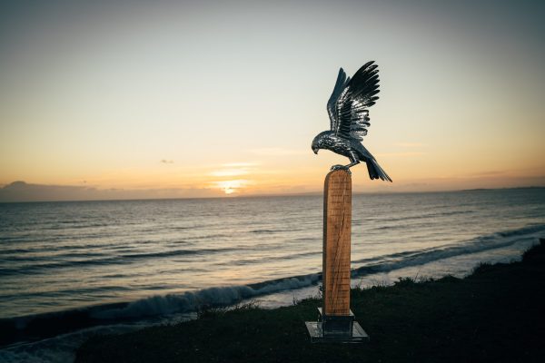 Falcon sculpture on a wooden plinth