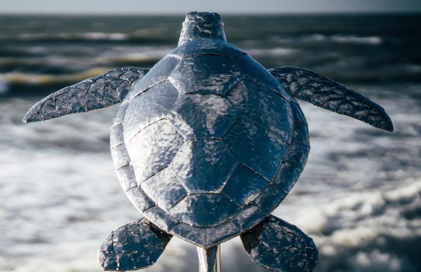 Metal Sculpture of a green turtle