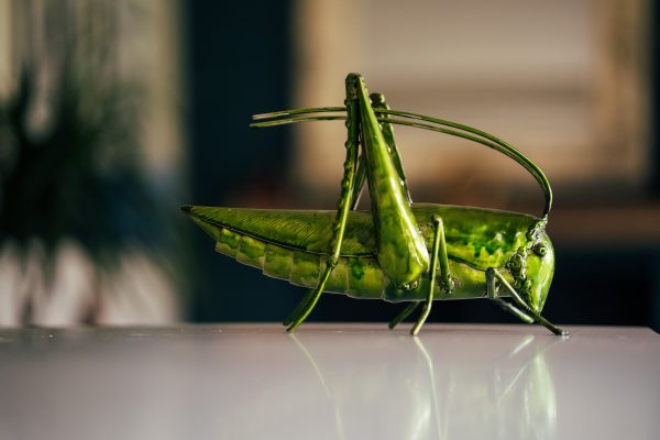 Eye-catching, emerald green metal grasshopper sculpture.