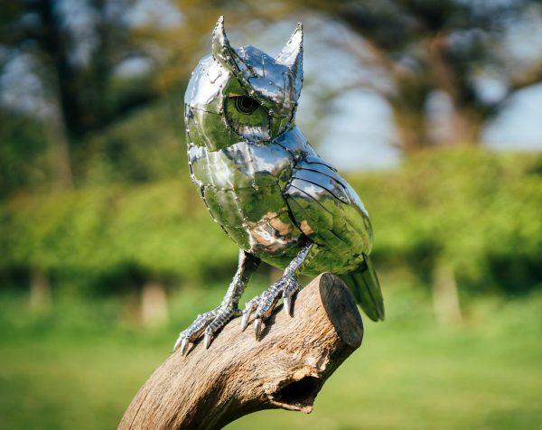 Sleek stainless steel contrasts with a natural wood base in this long-eared owl sculpture.