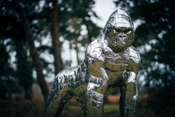 Shiny and bright stianless steel gorilla sculpture. perfect for your home and garden
