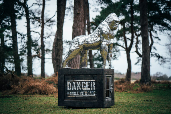 Modern stainless steel gorilla sculpture displayed on a wooden cage