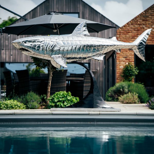 Great white shark sculpture made in high grade marine stianless steel 316. perfect for all outdoor weathers and does not rust.