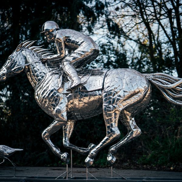 Stainless Steel horse and jockey. Hamilton Park memorial scultpure.